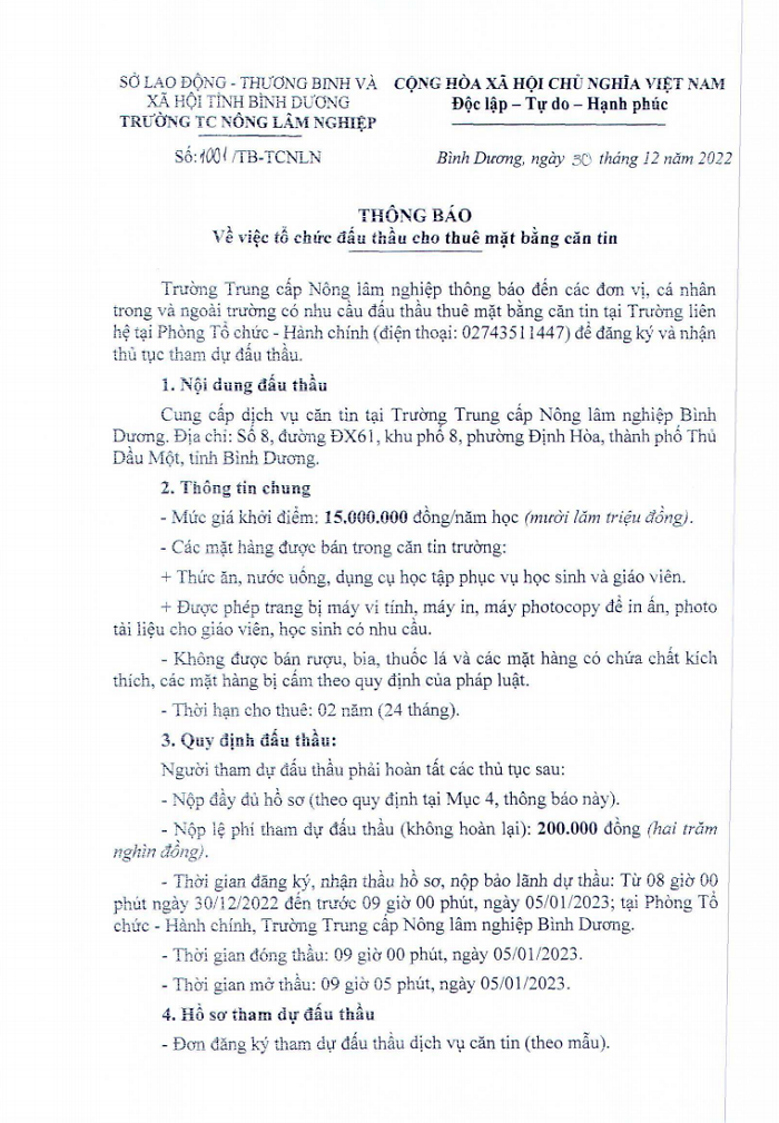 Thông báo đấu thầu căn tin